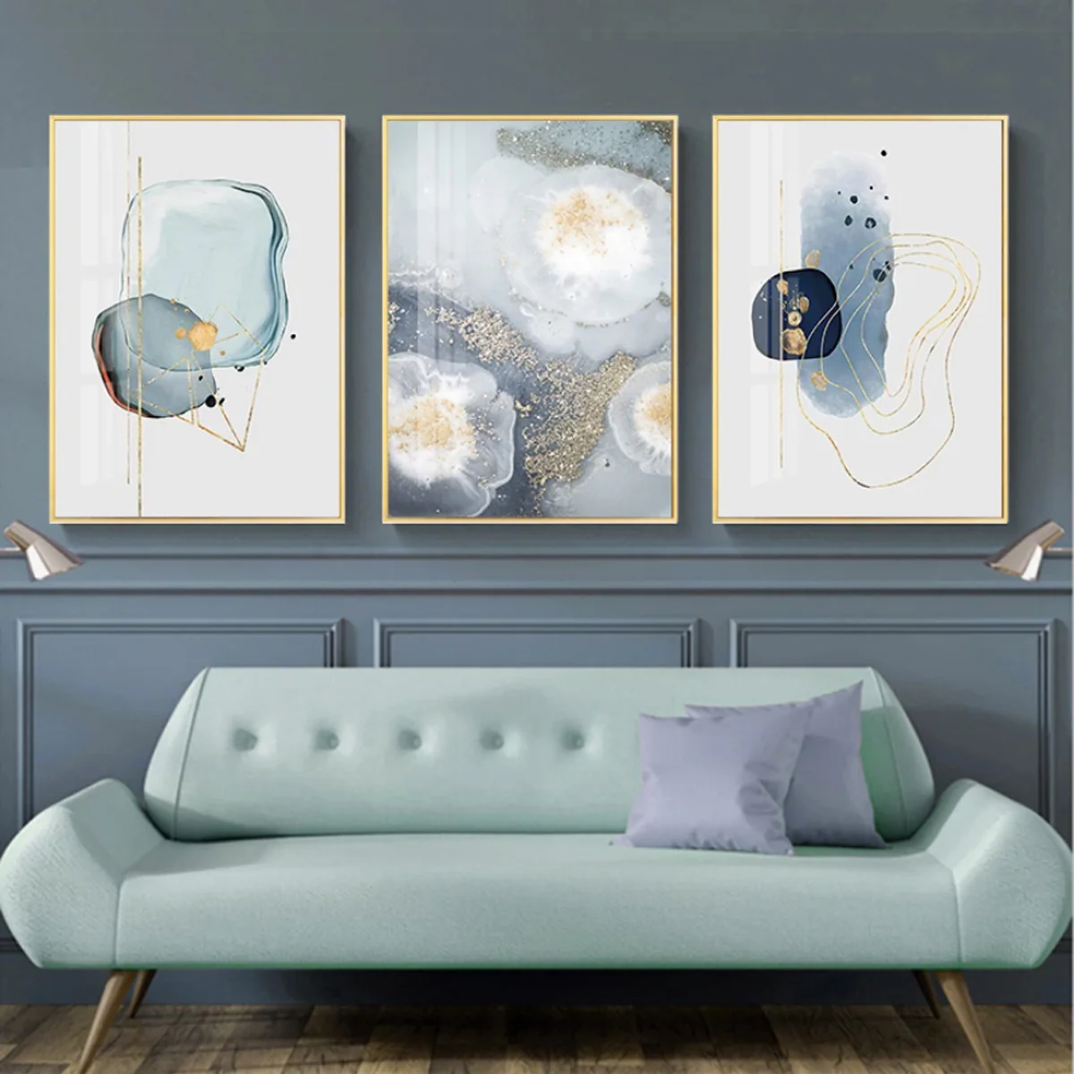 Bild von TPFLiving Luxus Poster Leinwand - Abstrakte Formen - Weiß, Blau, Gelb, Gold, Grau - 15 verschiedene Größen - Günstiges 3-er Set OHNE Rahmen - SET - 40x50cm
