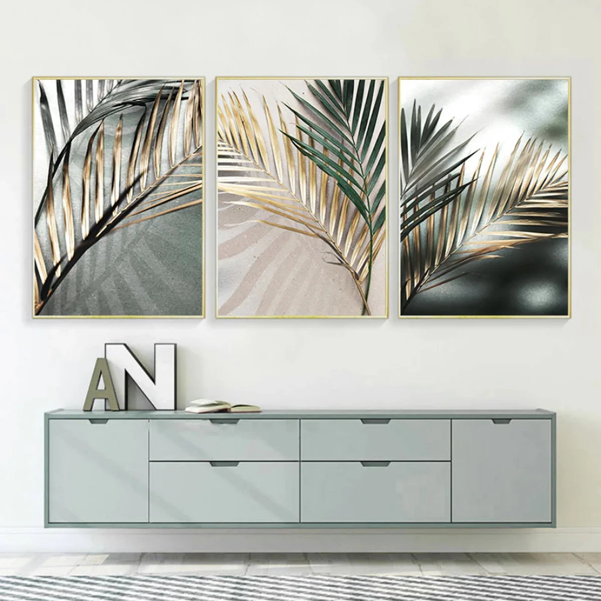Bild von TPFLiving Luxus Poster Leinwand - Goldene Blätter - Beige, Grau, Grün, Gold - 15 verschiedene Größen - Günstiges 3-er Set OHNE Rahmen - SET - 50x70cm