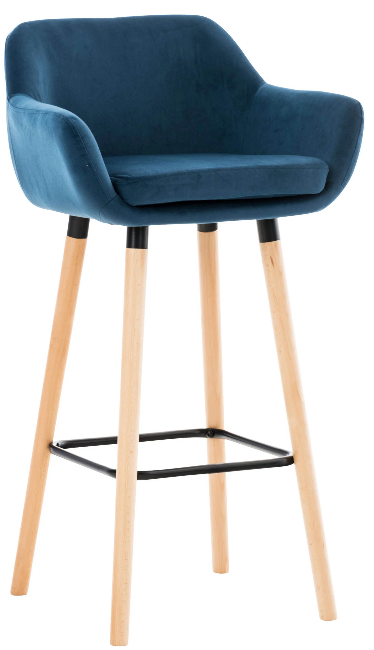 Bild von TPFLiving Barhocker Grande mit bequemer Rückenlehne und angenehmer Fußstütze (Barstuhl Hocker für Theke & Küche), Tresenhocker 4-Fuß Gestell Holz - Sitzfläche: Samt Blau