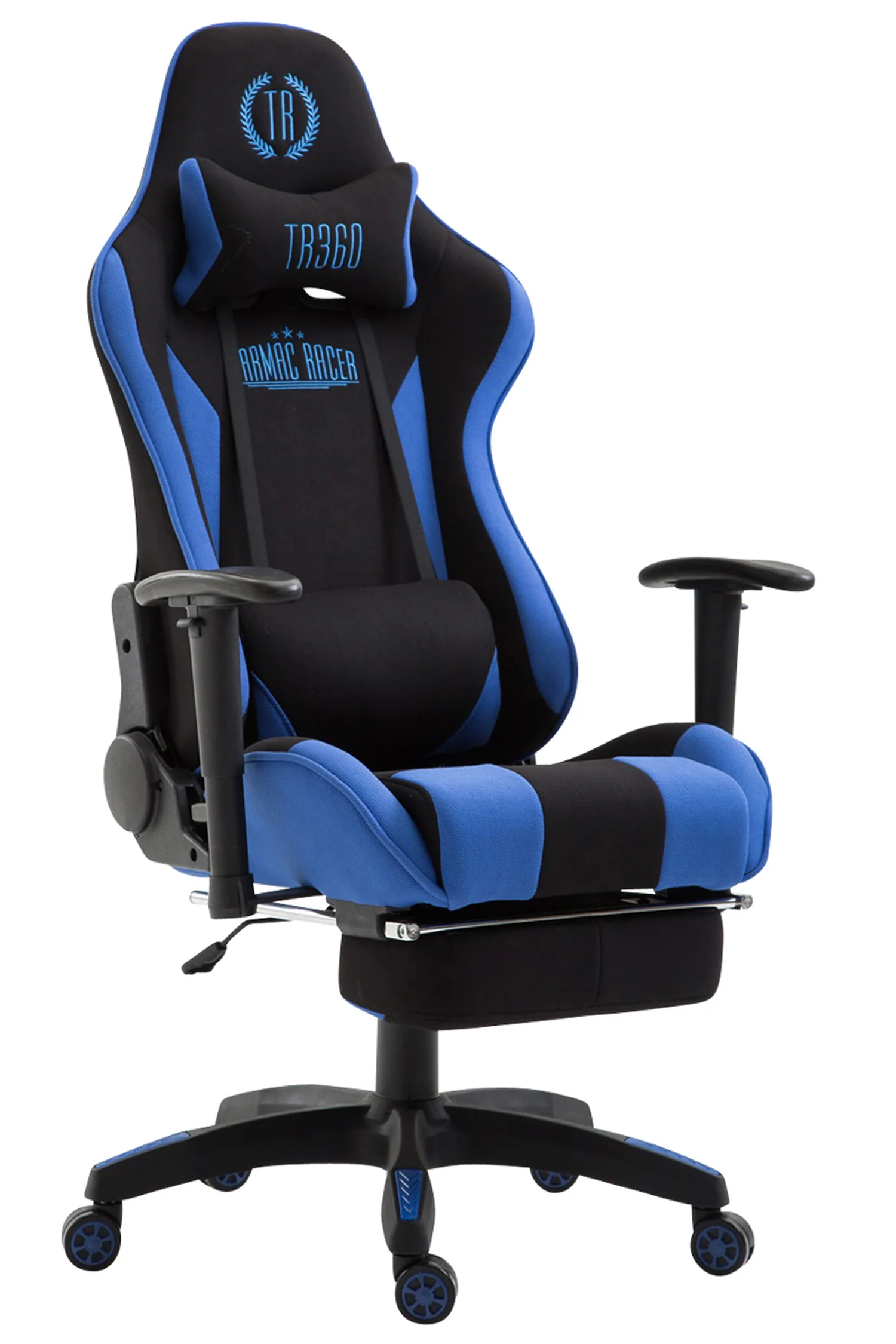 Bild von TPFLiving Gaming-Stuhl Boack mit bequemer ergonomisch geformter Rückenlehne (Schreibtischstuhl, Drehstuhl, Chefsessel, Gamingstuhl), Gestell: Kunststoff schwarz - Sitzfläche: Stoff schwarz/blau