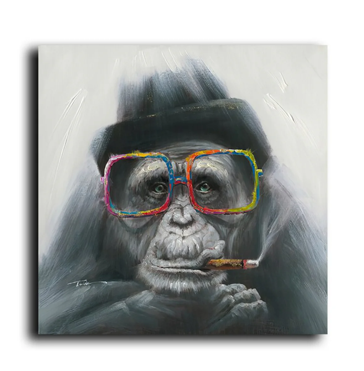 Bild von TPFLiving Poster Leinwand / Affe mit bunter Brille und Zigarre / Verschiedene Größen - OHNE Rahmen - Modell FB501 - 80x80cm
