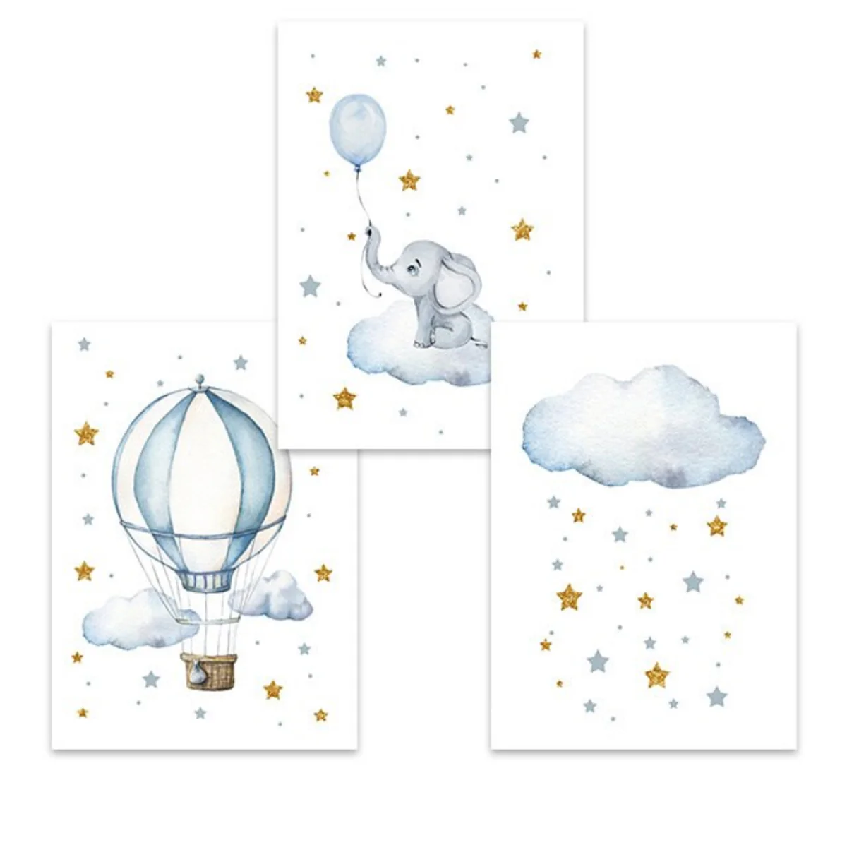 Bild von TPFLiving Poster Leinwand / Elefantenbaby, Luftballon, Sterne, Heißluftallon - Für Kinderzimmer - / Verschiedene Größen - OHNE Rahmen - Modell 3-pieces - 30x42cm