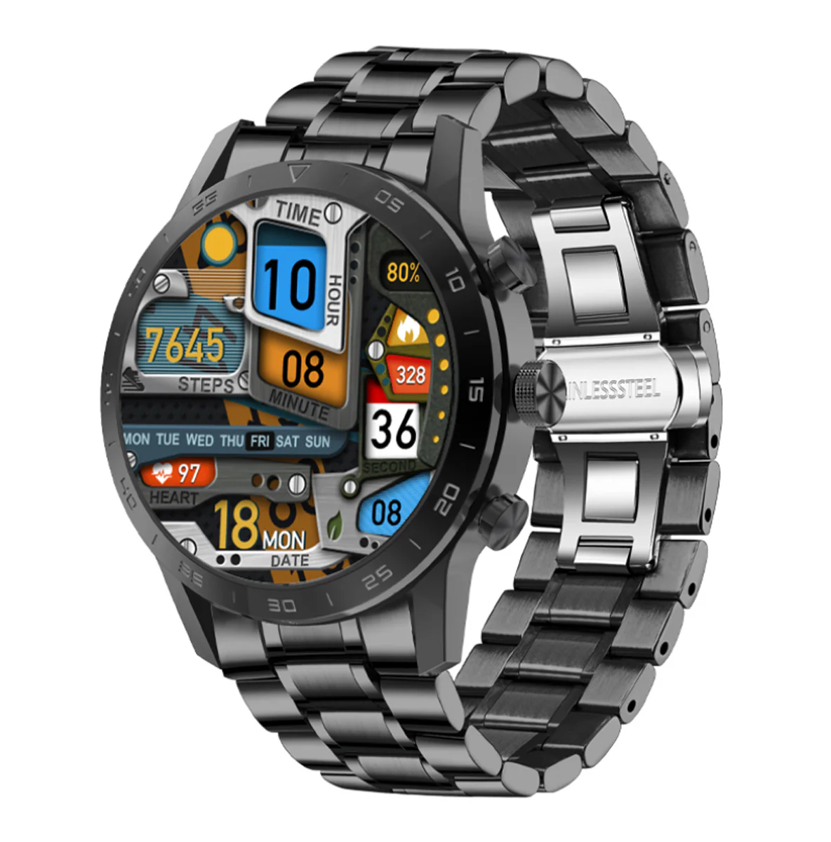 Bild von TPFNet Smart Watch / Fitness Tracker IP68 - Edelstahl Armband - Android & IOS - verschiedene Farben - Schwarz