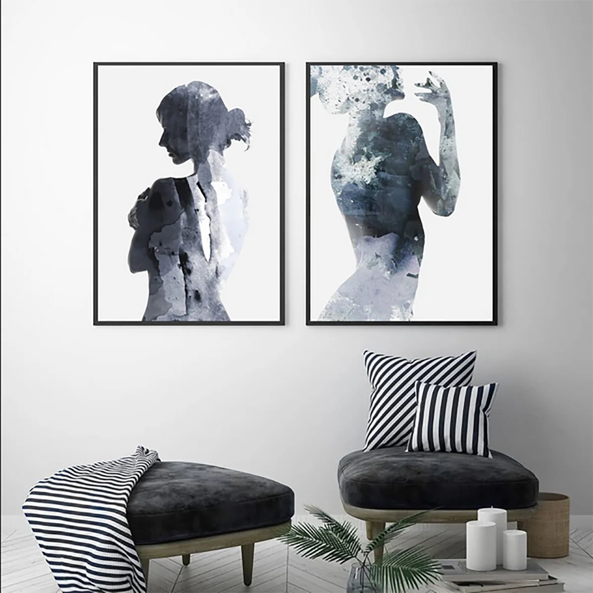Bild von TPFLiving Poster Leinwand / Abstrakte Frau mit Schatten - Farben blau, schwarz, weiß / Verschiedene Größen - OHNE Rahmen - Modell 2PCS - 30x42cm