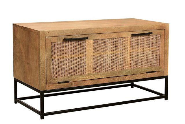 Bild von TPFLiving Schuhschrank Victoria - mit modernem Kufengestell (Frontklappe mit angesagtem Rattan-Einsatz - natur, Gestell schwarz, Schuhkipper - Schuhregal - Schuhständer) Produktlinie: Canada - Breite: 84.5 cm, Höhe: 48 cm, Tiefe: 40 cm