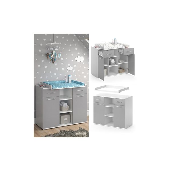 Bild von VICCO Wickelkommode, Wickeltisch, Wickelregal, Leonie mit Wickelaufsatz weiß/grau