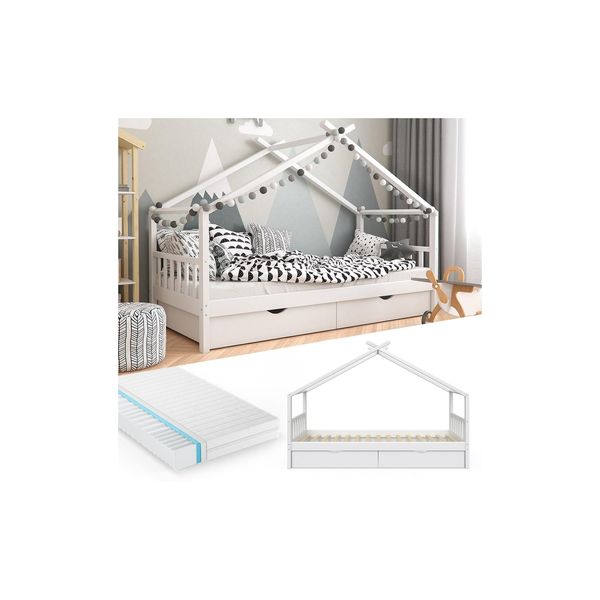 Bild von VitaliSpa Kinderbett Hausbett Kinderhaus Design Weiß 90x200 Schublade Matratze