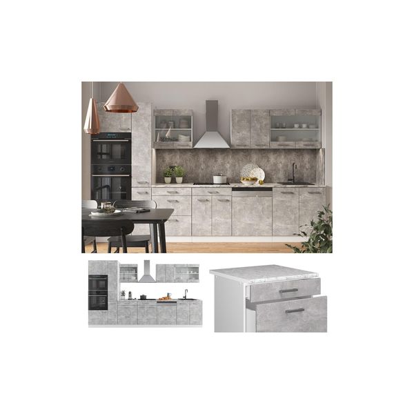 Bild von Vicco Küchenzeile R-Line, Beton/Weiß, 350 cm mit Hochschrank, ohne Arbeitsplatte