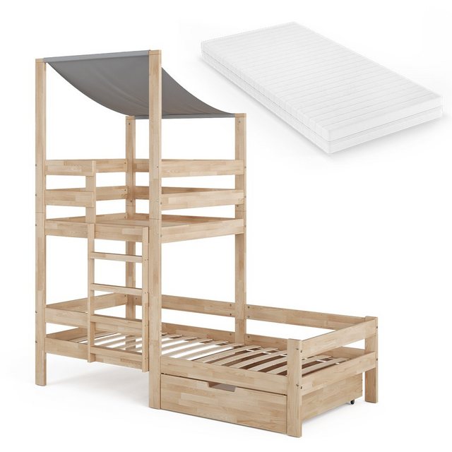 Bild von VitaliSpa Spielturmbett Kinderbett Spielbett Tom Natur modern 204x218 cm Massivholz Kinderzimmer Lattenrost Bettleiter Bett Schublade Matratze Abenteuerbett Kletterbett