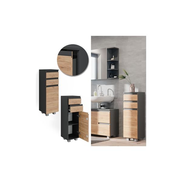 Bild von Vicco Midischrank Badschrank Badezimmermöbel J-shape Anthrazit Eiche modern 30x95cm Badezimmer Schrank Badmöbel Schranktür Schrankschublade Schrankfach Ablage Aufbewahrung