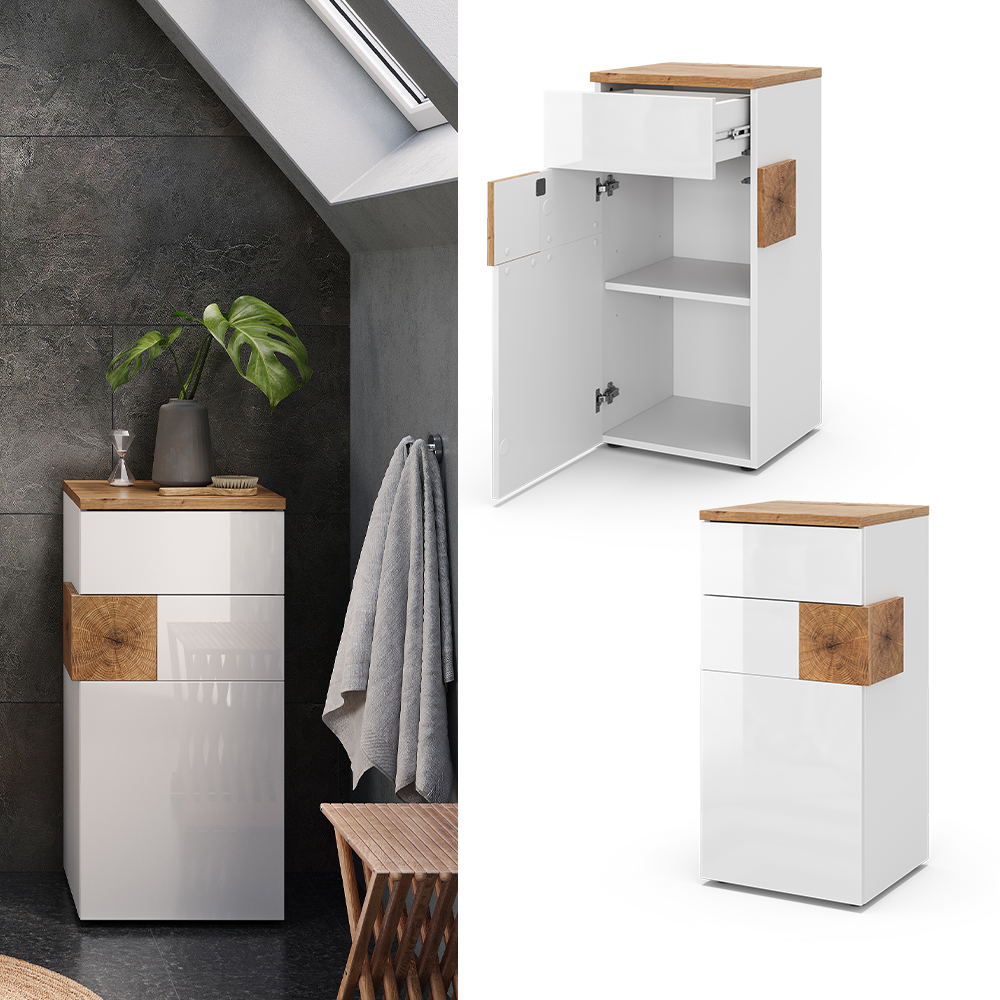 Bild von Vicco Midischrank Badschrank Badezimmermöbel Eden Weiß Artisan modern 40x84 cm Badezimmer Schrank Badkommode Badmöbel 2 Fächer Tür Schublade Hochglanz