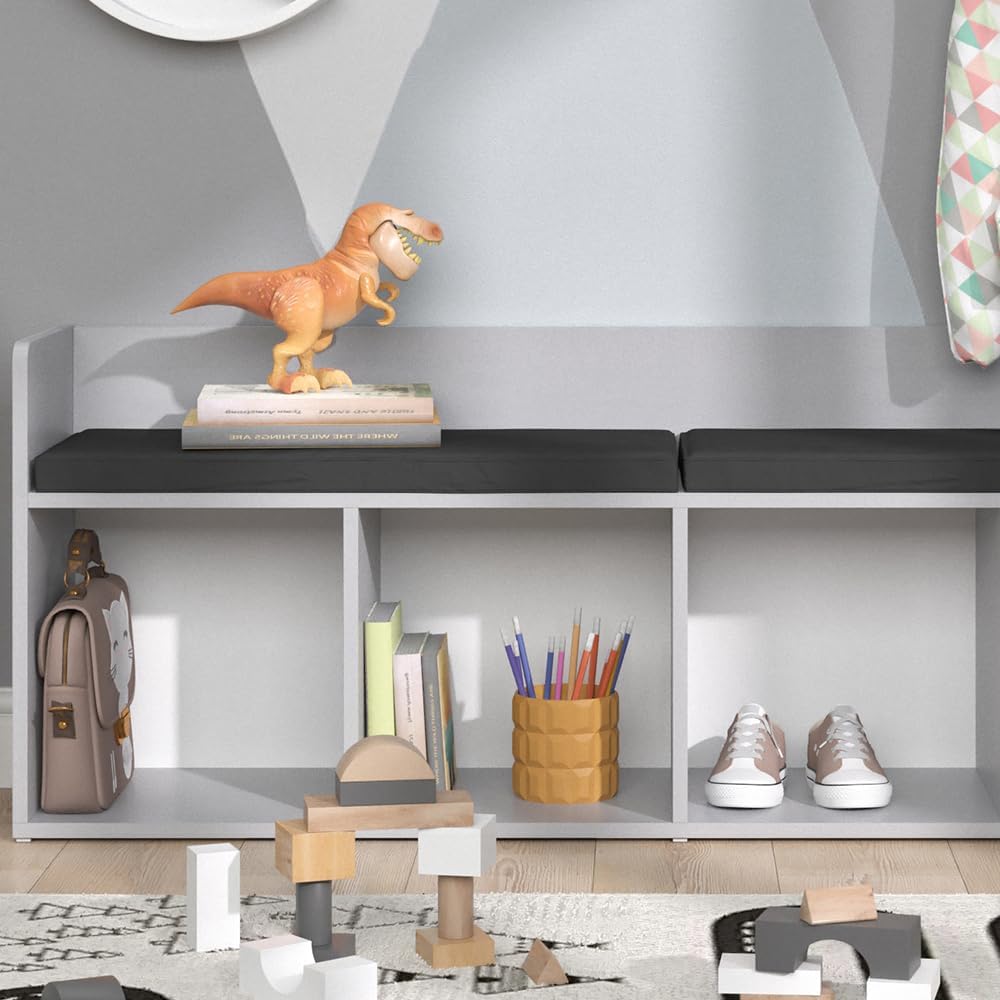 Bild von Vicco Sitzbank Kinderzimmerbank Kinderregal Luigi Hellgrau 142x53 cm modern Faltbox Kinderzimmer Regal Aufbewahrungsregal Bücherregal Lesebank Spielzeugaufbewahrung Organizer Regal-Bank-Kombi 4 Fächer