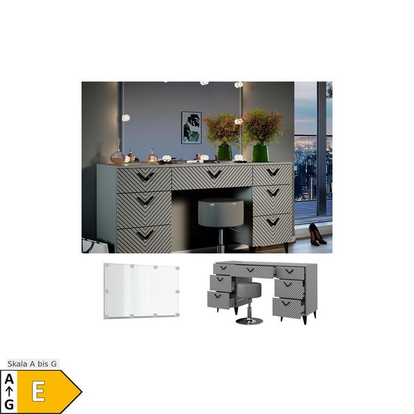 Bild von Vicco Schminktisch Anett Grau mit Spiegel, Hocker und LED-Lampen, 150 x 78 cm
