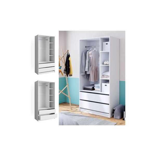 Bild von Vicco Kleiderschrank Elmo 100 x 200 cm, Weiß, offen, Garderobe, Schubfächer, Schlafzimmer
