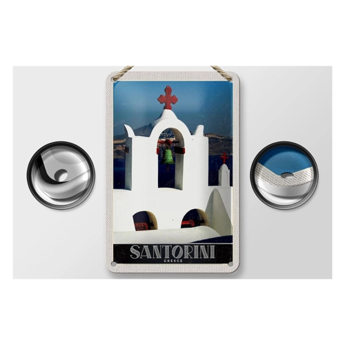 Bild von FEMER Blechschild Reise 12x18cm Santorini Insel Meer Kreuz Kirche Schild