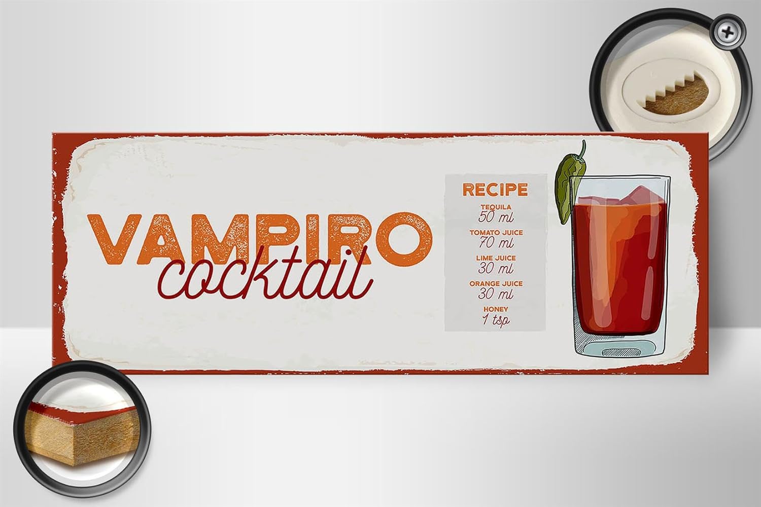 Bild von Femer Holzschild Rezept Vampiro Cocktail Recipe Tequila 27x10cm