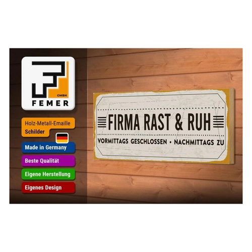 Bild von Femer Holzschild Spruch 27x10cm Firma Rast & Ruh Nachmittags zu