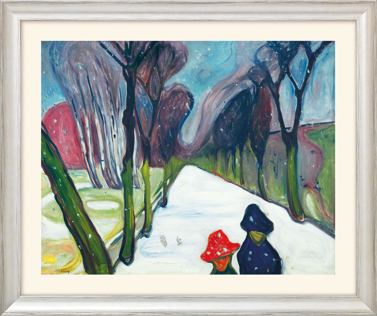 Bild von Edvard Munch: Bild 'Allee im Schneegestöber' (1906) - aus 'Jahreszeiten-Zyklus', Version silberfarben gerahmt