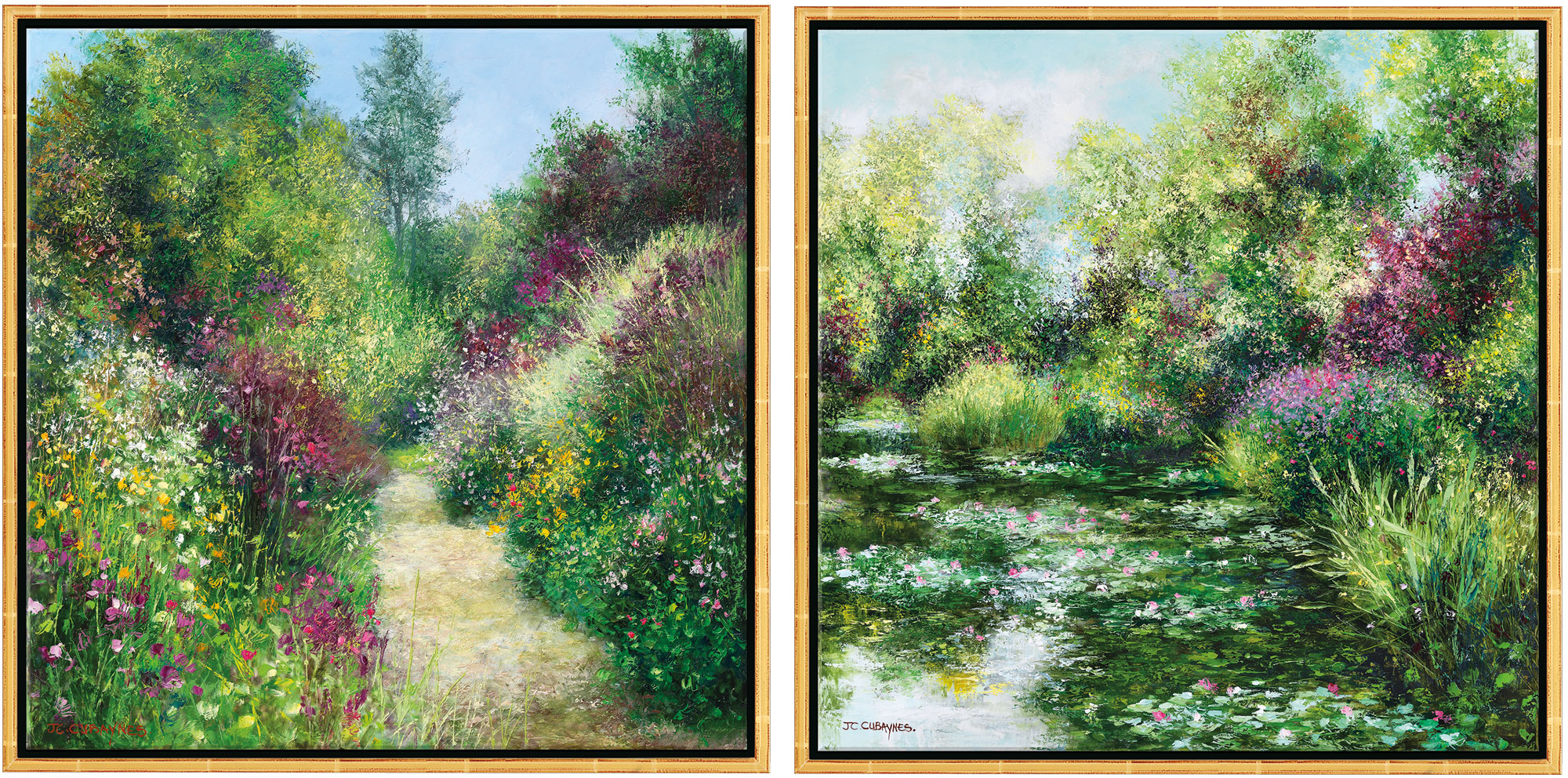 Bild von Jean-Claude Cubaynes: 2 Bilder 'L'Etang à Giverny' + 'Giverny - Le Jardin de Pascale à Grimaud' im Set, gerahmt