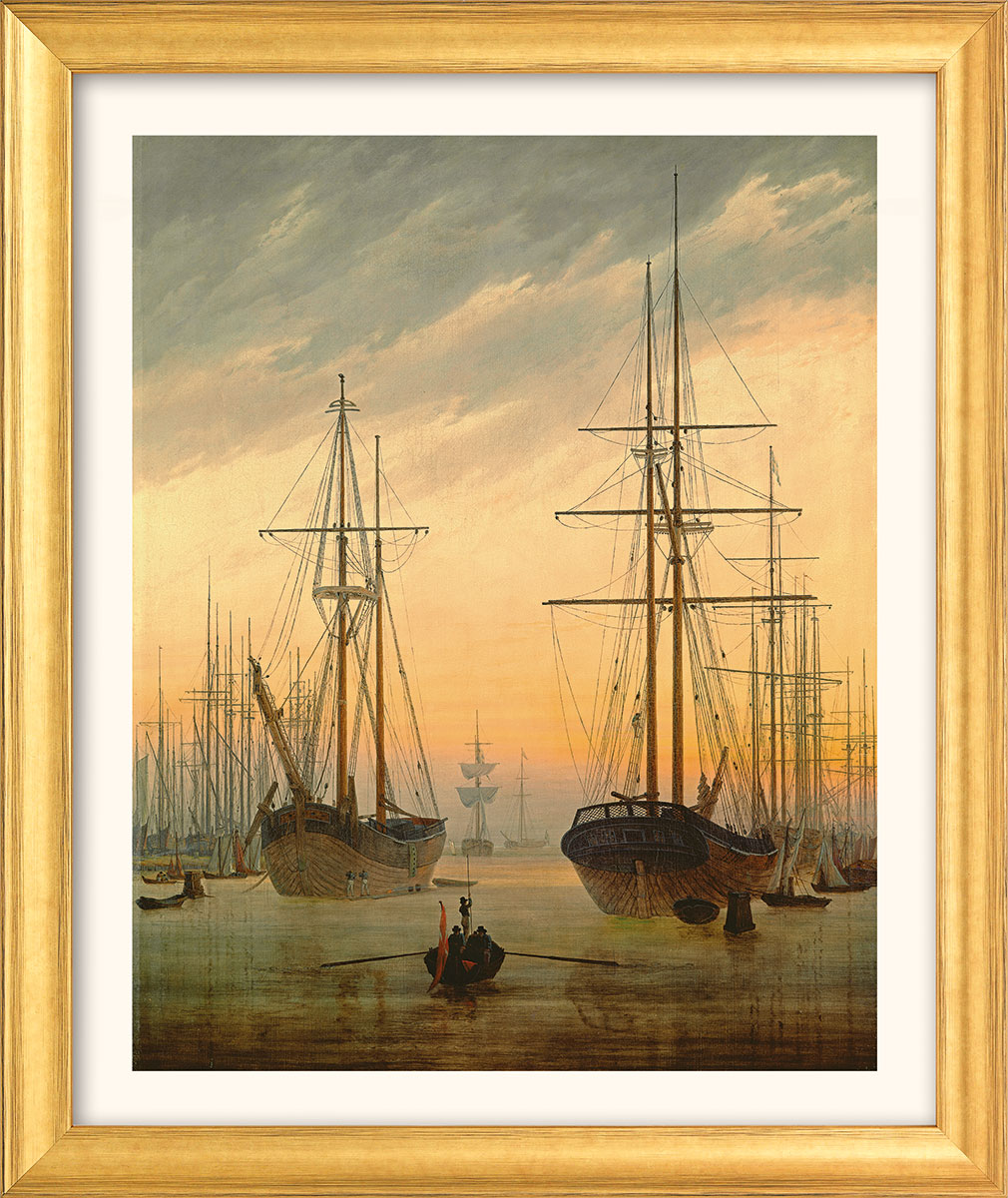 Bild von Caspar David Friedrich: Bild 'Ansicht eines Hafens' (um 1815/16), Version goldfarben gerahmt
