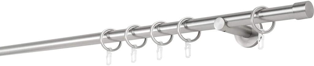 Bild von ondeco Gardinenstange auf Maß 20mm Cap 1-lauf Vorhangstange Wandträger 6,5cm Stilgarnitur mit Ringen für Vorhänge Edelstahl-Optik 210cm