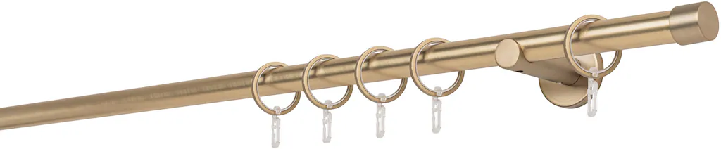 Bild von ondeco Gardinenstange auf Maß 20mm Cap 1-lauf Vorhangstange Wandträger 6,5cm Stilgarnitur mit Ringen für Vorhänge Messing-Matt 210cm