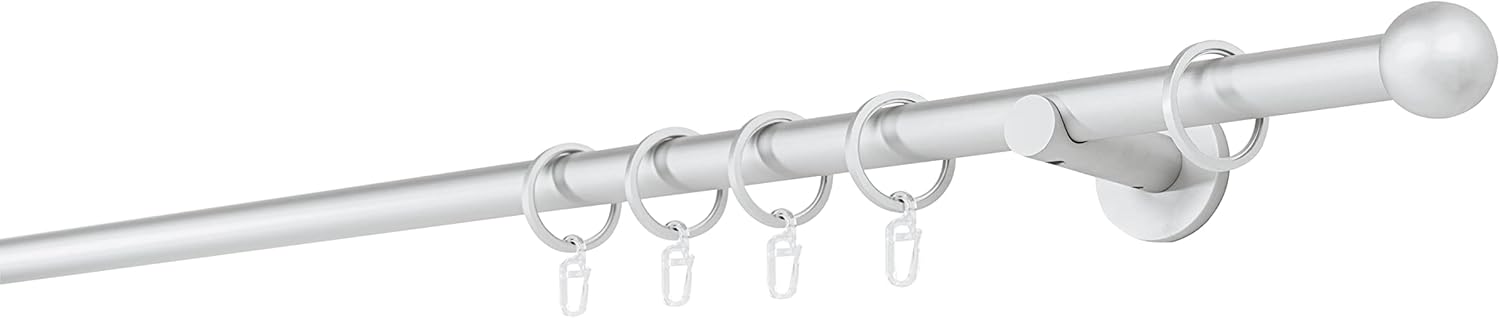 Bild von ondeco Gardinenstange auf Maß 20mm Ball 1-lauf Vorhangstange Wandträger 6,5cm Stilgarnitur mit Ringen für Vorhänge Chrom 140cm