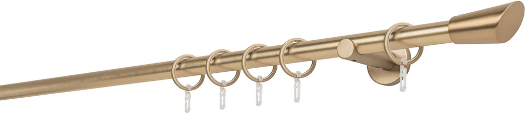 Bild von ondeco Gardinenstange auf Maß 20mm Rag 1-lauf Vorhangstange Wandträger 6,5cm Stilgarnitur mit Ringen für Vorhänge Messing-Matt 310cm