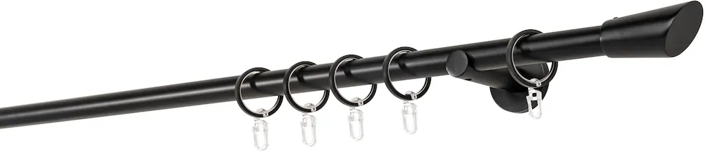 Bild von ondeco Gardinenstange auf Maß 20mm Match 1-lauf Vorhangstange Wandträger 6,5cm Stilgarnitur mit Ringen für Vorhänge Schwarz 290cm