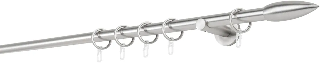 Bild von ondeco Gardinenstange auf Maß 20mm Patrone 1-lauf Vorhangstange Wandträger 6,5cm Stilgarnitur mit Ringen für Vorhänge Edelstahl-Optik 140cm