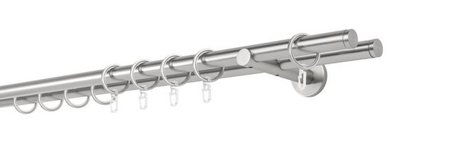 Bild von ondeco Gardinenstange auf Maß 20mm Match 2-lauf Vorhangstange Wandträger 12cm Stilgarnitur mit Ringen für Vorhänge Edelstahl-Optik 100cm