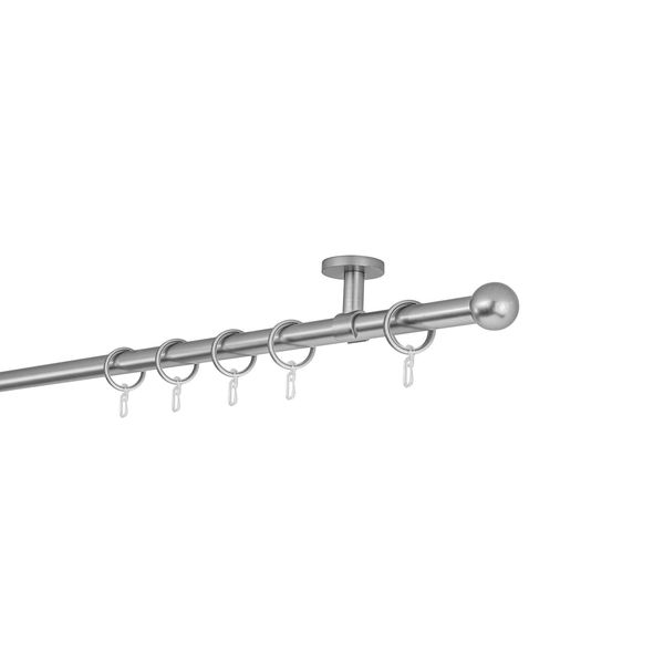 Bild von ondeco Gardinenstange auf Maß 20mm Ball 1-lauf Vorhangstange Deckenträger 4cm Stilgarnitur mit Ringen für Vorhänge 340cm Edelstahl-Optik