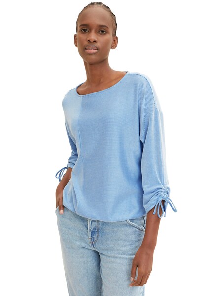 Bild von Tom Tailor Denim Damen Loose Fit Longsleeve mit Streifen & Raffarm, 31347 - Small Mid Blue White Stripe, XS
