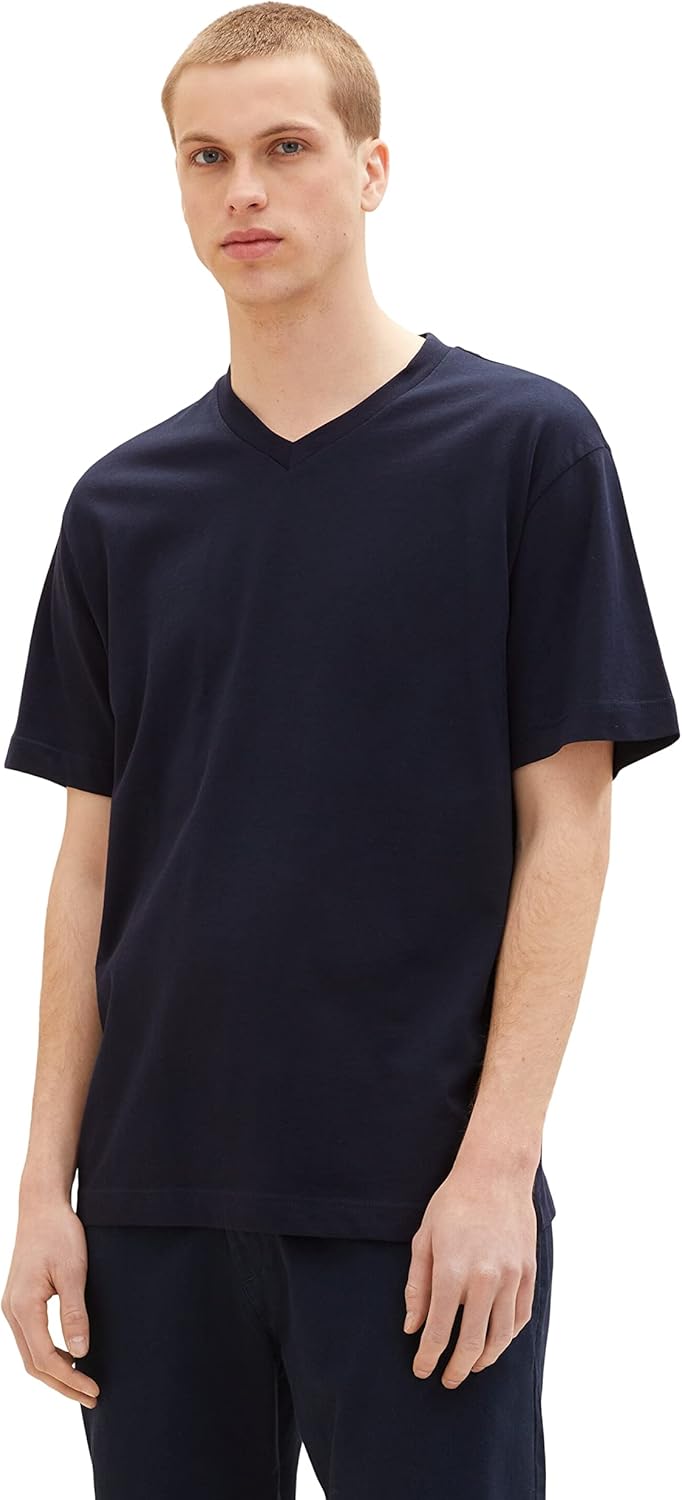 Bild von TOM TAILOR Denim Herren 1036449 Relaxed Fit T-Shirt mit V-Ausschnitt, 10668-Sky Captain Blue, S