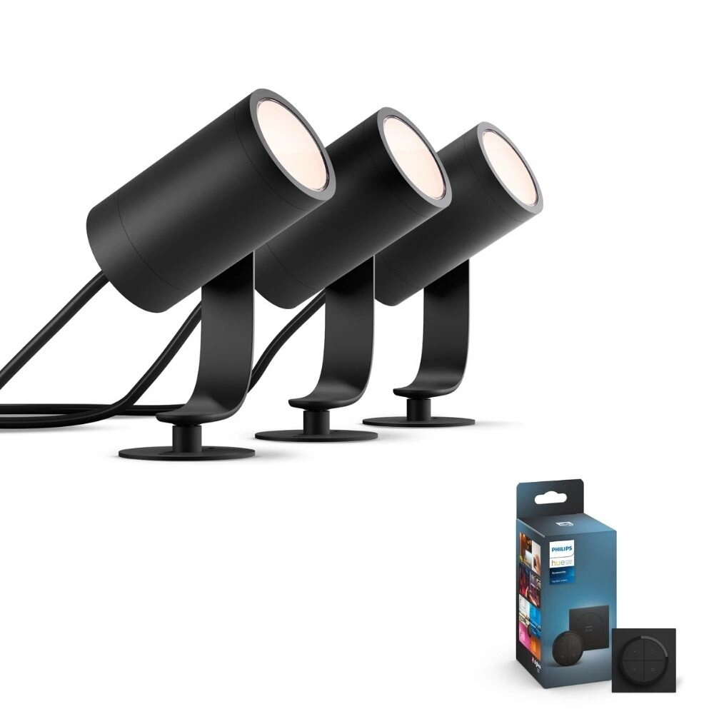 Bild von Philips Hue White & Color Ambiance Lily - Erdspießleuchte, schwarz - Niedervolt 3-er Starterset inkl. Tap Dial Schalter in Schwarz