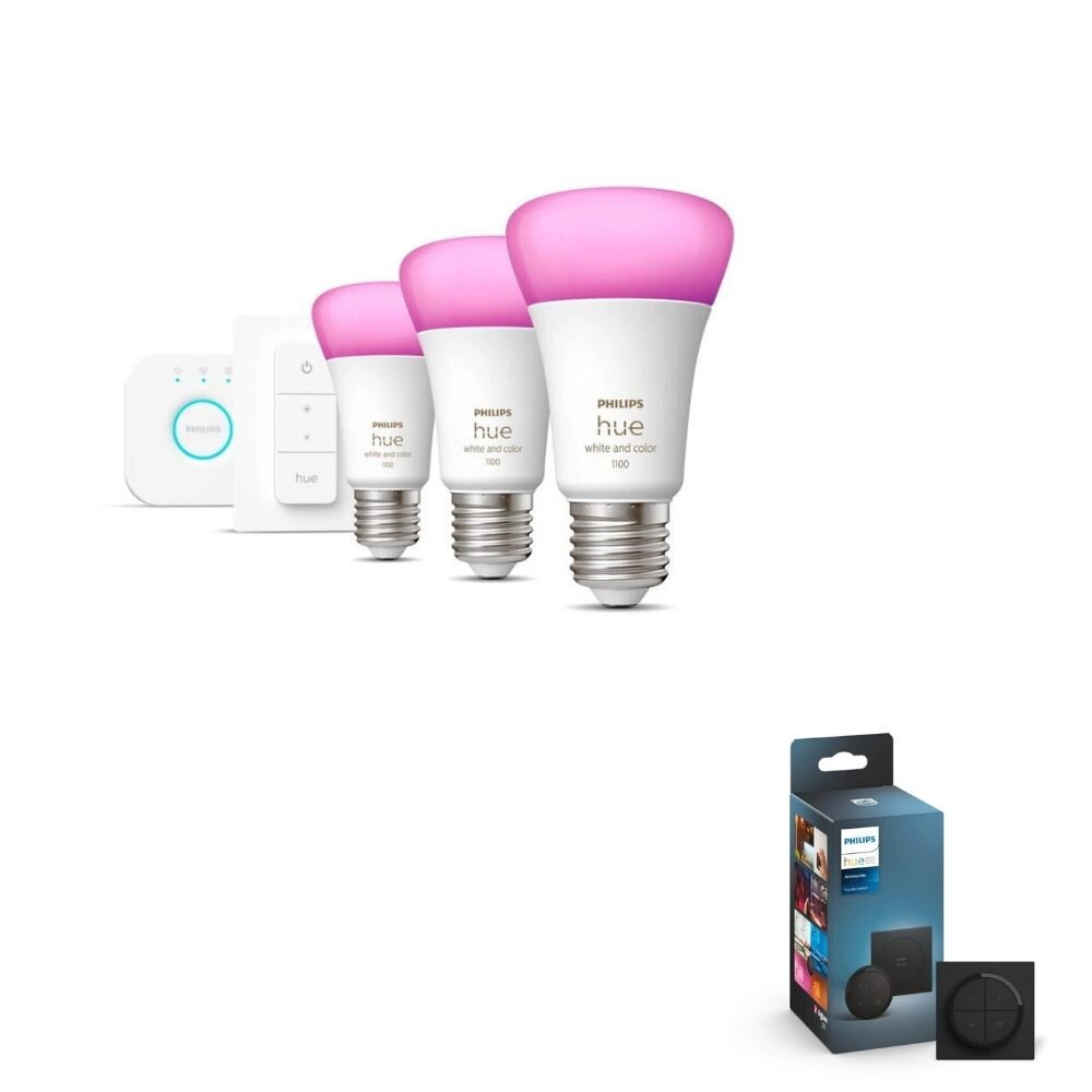 Bild von Philips Hue Bluetooth White & Color Ambiance LED E27 75W 1100lm Dreierpack inkl Bridge & Dimmschalter inkl. Tap Dial Schalter in Schwarz