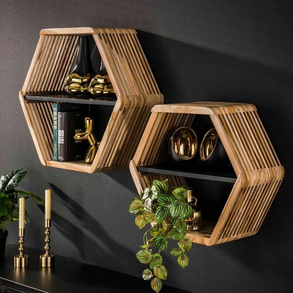 Bild von RINGO-Living Wandregal Okka in Natur und Schwarz aus Teakholz 2er-Set 570x640x230mm