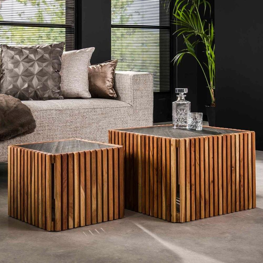 Bild von RINGO-Living Couchtisch Pan in Natur-dunkel und Schiefergrau aus Akazienholz 2er-Set 400x580x580mm