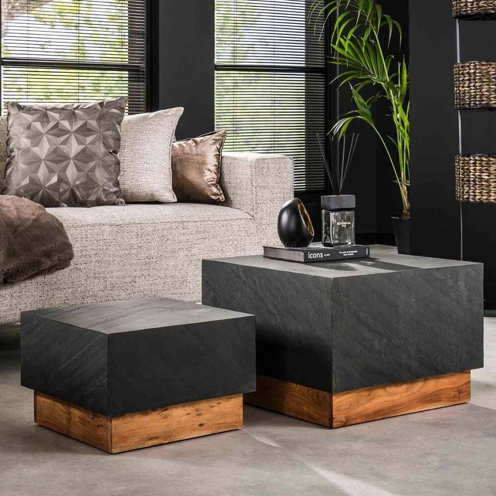 Bild von RINGO-Living Couchtisch Rafe in Schiefergrau und Natur-dunkel aus Holz und Schiefer 2er-Set 400x580x580mm
