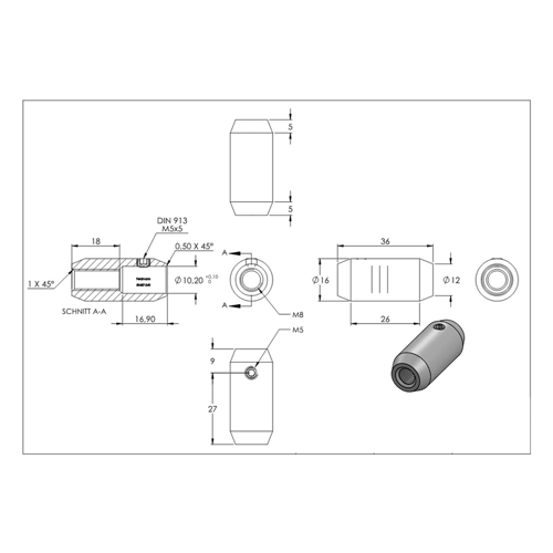 Bild von Verbindungselement für Brüstungsgeländer – Verbinder 16mm mit Gewinde M8