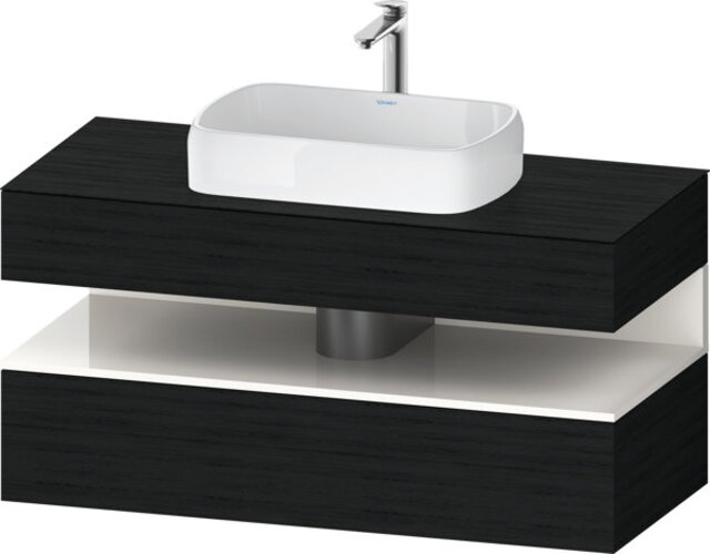 Bild von Duravit Qatego Konsolenwaschtischunterbau, 1 Auszug, 1 Schubkasten, Ausschnitt mittig, 1200x550x600mm, Nische Weiß Hochglanz, QA4732022, Farbe: Eiche Schwarz/mit Nischenbeleuchtung