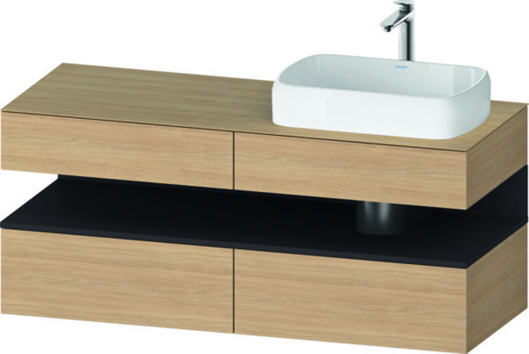 Bild von Duravit Qatego Konsolenwaschtischunterbau, 2 Auszüge, 2 Schubkästen, Ausschnitt rechts, 1400x550x600mm, Nische Graphit Supermatt, QA4766080, Farbe: Eiche Natur/mit Nischenbeleuchtung