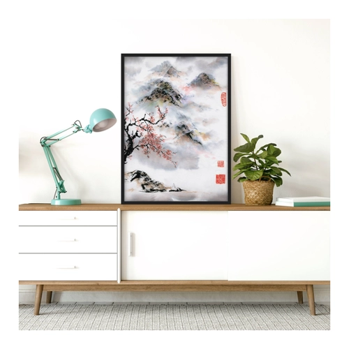 Bild von Bild mit Rahmen – Hochformat Japanische Aquarell Zeichnung Kirschbaum und Berge