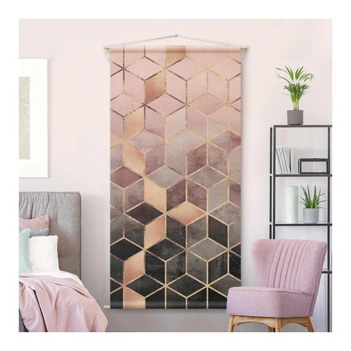Bild von Wandteppich Rosa Grau goldene Geometrie