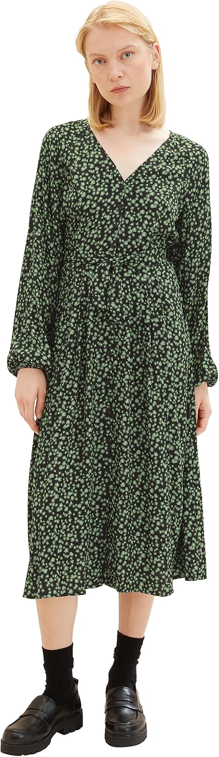 Bild von TOM TAILOR Denim Damen 1038137 Midi-Blumen Kleid mit Knopfleiste & Bindedetail, 32433-black Green Flower Print, XL