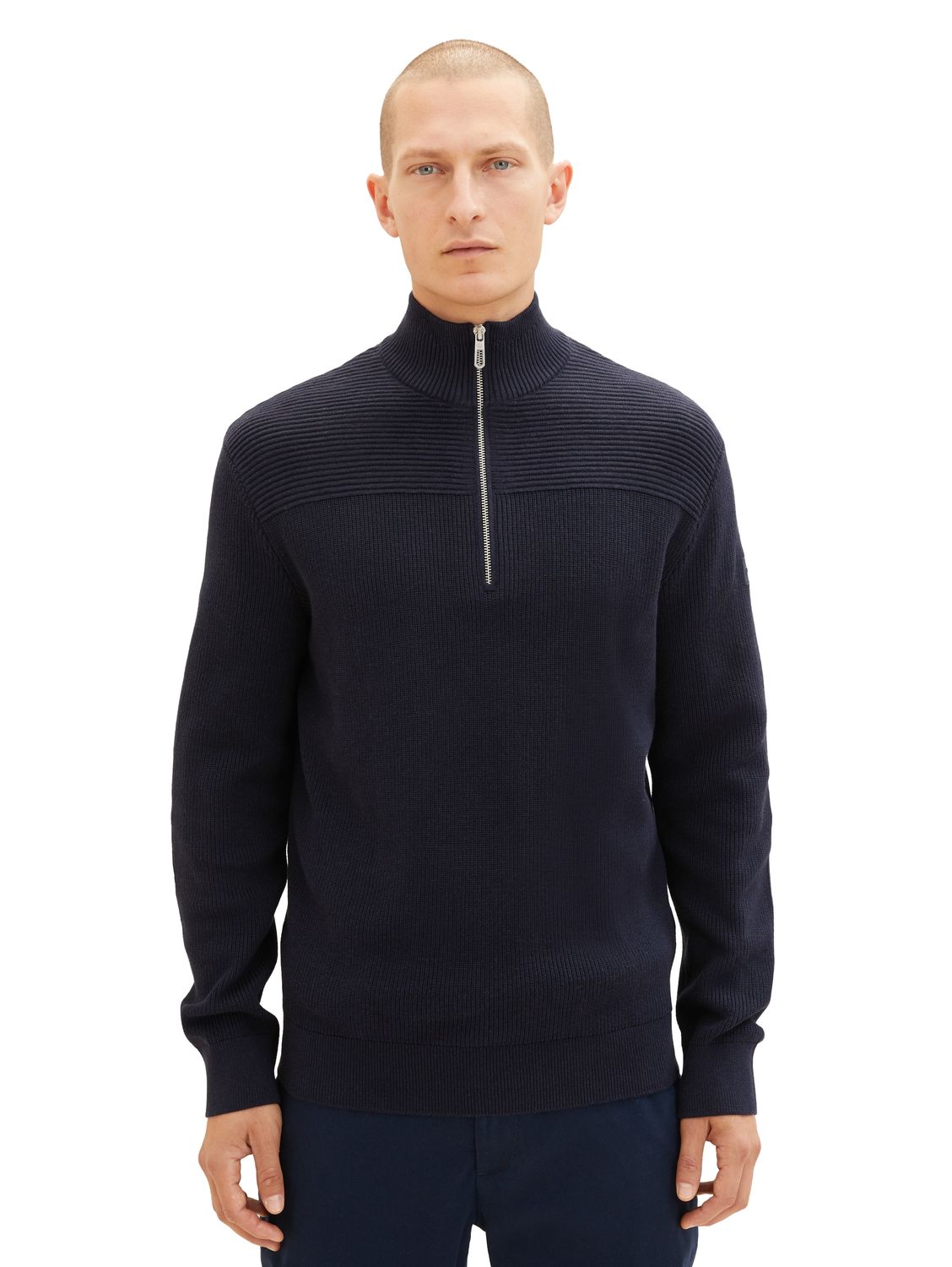 Bild von TOM TAILOR Herren 1038315 Strukturierter Strick-Pullover mit Troyer-Kragen, 13160-Knitted Navy Melange, S