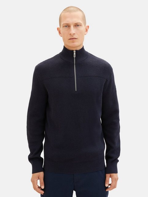 Bild von TOM TAILOR Herren 1038315 Strukturierter Strick-Pullover mit Troyer-Kragen, 13160-Knitted Navy Melange, XXL