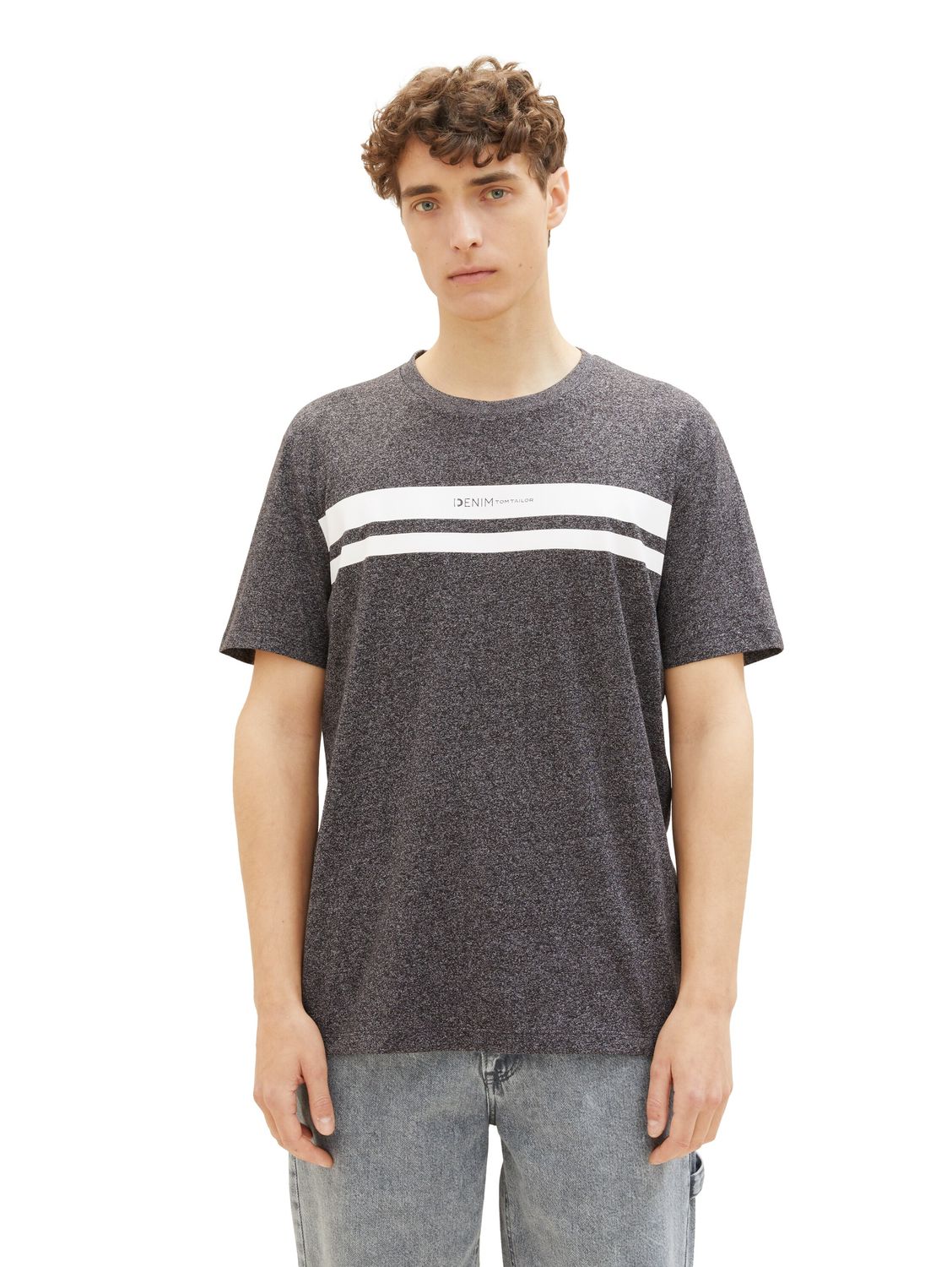 Bild von TOM TAILOR Denim Herren 1038750 T-Shirt mit Streifen-Print & Logo, 10723-Black Non-Solid, L