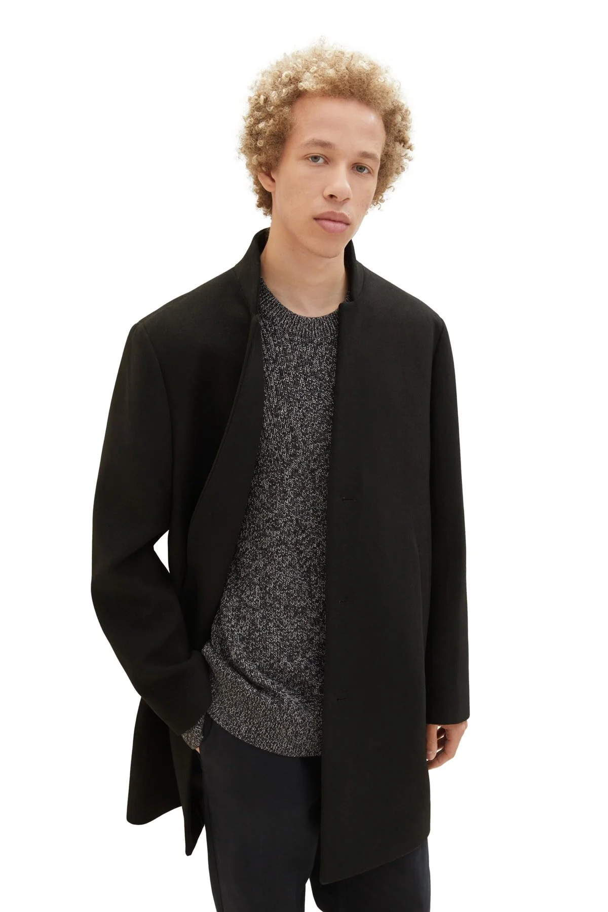 Bild von TOM TAILOR Denim Herren 1037399 3-Knopf Wollmantel mit Stehkragen, 29999-Black, M