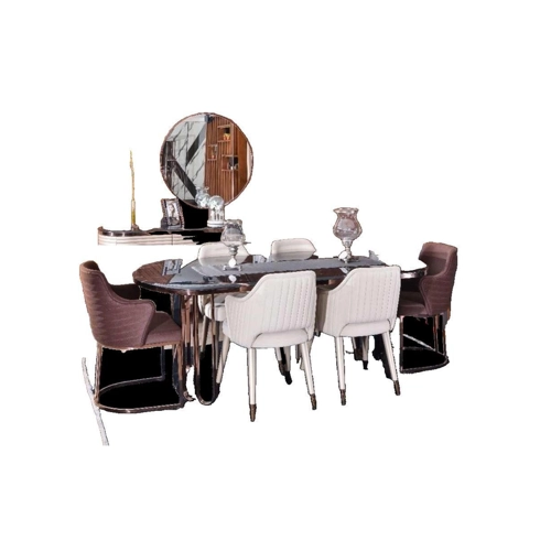 Bild von JVmoebel Essgruppe Esszimmer Essgruppe Essecke Luxus Esstisch Stühle Beige Set 9tlg Holz